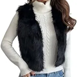 PATAKADEVI Black Faux Fur Vest | For Stylish Appearance | Sleeveless Short Length | Soft Textured Fabric | Lightweight Layering Piece | Voluminous Fit | Casual Outerwear | Fashionable Attire-picture-46