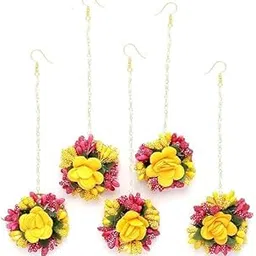 vrindavanstore.in Yellow And Pink Gold Plated Gota Patti Flower Maang Tikka And Women Floral Jewellery-picture-14