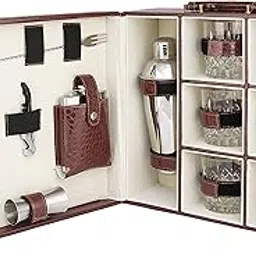Anything & Everything Croc Print Big Premium Bar Set With 6 Whiskey Glasses | Portable Leatherette for Picnic, Travel, Car (Red Wine)-picture-29
