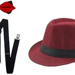 clothera Black Suspender and Diamond Bow Tie Set with Red Hat for Men-picture-37