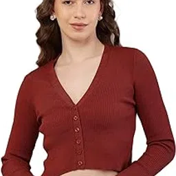 nobarr Women's Viscose Full Sleeve with V-Neck Ribbed Brown Cardigan-picture-45