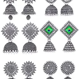 miami Traditional Oxidised Silver Jhumka Earrings Set for women girls woman fashion jhumkas meenakari oxidized kundan Temple South Indian Ear rings stylish Small Jhumki Combo pack of 6 pairs -1311-picture-24