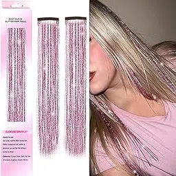 VIEWS 2pc Hair Tinsel Clip In Heat Resistant 24 Inch Tinsel Sparkly Hair Accessories for Women Cosplay Halloween Very Cute for Kids Girls (2pc/Pink Color)-image-14