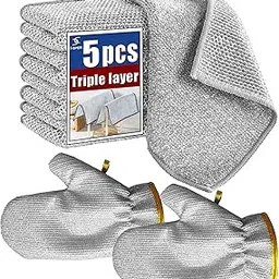 5 Pcs New Upgrade Steel Wire Dishcloth, Multipurpose Triple-Layer Wire Dishwashing Rags with 2 Gloves, Reusable Non-Scratch Steel Wire Cleaning Cloth for Cookware, Sinks, Dishes, Stove Tops-picture-30