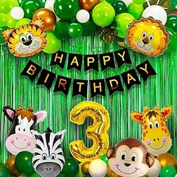 Party Propz Jungle Theme Birthday Decoration- 52 Pcs, Jungle 3rd Birthday Decoration | Happy Birthday Third Boys, Girls | 3 Year Birthday Decoration Kit For Kids | Metallic, Foil Balloons-picture-30