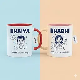 Bhaiya Bhabhi Couple Coffee Mugs Set, Ceramic Tea Cups with Funny Quotes, Red and Pink Handle. Best Gift for bhaiya bhabhi-picture-16