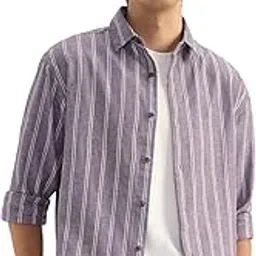 the souled store Cotton Linen Stripes: Berry Plum Men and Boys Long Sleeve Spread Collar Button Front Purple Striped Regular Fit Cotton Linen Shirts-picture-53