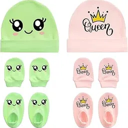 Yathushan Cotton Baby Essential Set with Cap, Mittens, Booties, 0-6 Months, Pack of 2 Sets, Newborn Infant Accessories-image-37