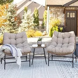 LOCCUS 3-Piece Outdoor Patio Rattan Furniture Set with Cushioned Chairs & Glass Top Table – All-Weather Wicker Seating for Garden, Balcony, Porch & Backyard (Beige & Cream)-image-9