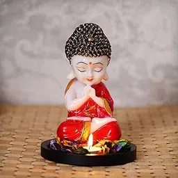 eCraftIndia Red and White Polyresin Praying Little Monk Buddha Statue with Wooden Base, Fragranced Petals Tealight Candle Holder - Serene Decor for Home, Office, Meditation Spaces - Gift for Diwali-picture-29