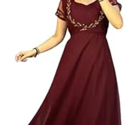 Women's Burgundy Maxi Dress with Gold Embroidery, Empire Waist, Short Mesh Sleeves-picture-27