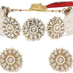 zaveri pearls Gold Tone Kundan & Pearls Flowers Choker Necklace & earring Set For Women-ZPFK9814-picture-9
