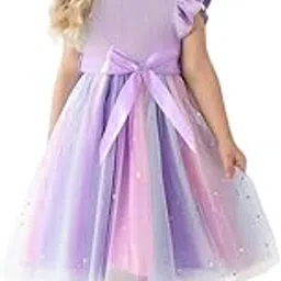 sannidhi Girls Lace Frock Rainbow Tulle Dress Sleeveless Ruffle Princess Dress with Bow Sundress for Birthday, Casual, Holiday, Role Playing, Photoshoots, Outfits, Park, Party, School, Purple, 4-6Y-picture-12