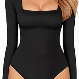mangopop Women's Square Neck Short Sleeve Tops Bodysuit Jumpsuit (001 Long Sleeve (Black), Small)-picture-16