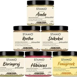 Hair Care 6 Products Combo 600 gm - Amla Reetha Shikakai Hibiscus Bhringraj Fenugreek (Methi Dana) Powder for Mask, Pack, Anti-Dandruff, Shine | Natural Powders Kit | In Jar (100gm X 6)-image-37