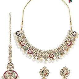 zaveri pearls Multicolor Dazzling Stones Beads Drop Necklace Earring & Maangtikka Set For Women-ZPFK19040-picture-19