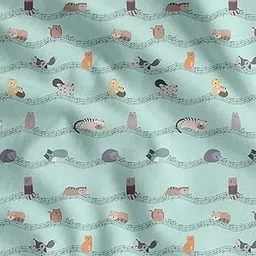 Soimoi Green Cotton Cambric Fabric Musical Notes & Cat Animal Print Fabric by Meter 56 Inch Wide-picture-28