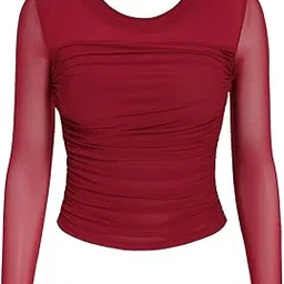 Women's Long Sleeve Ruched Top, Burgundy Red, Mesh Sleeves-picture-29