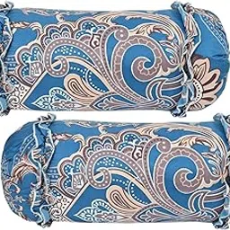 Outlay Home Cotton Frilled Bolster Cover 16 X 32 Inches - Traditional Print With Drawstring | Round Bedside Long Pillow | Diwan Pillow | Set of 2 - Blue-picture-41