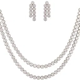 Brass Silver Plated American Diamond Cubic Zirconia Dual Strand Necklace Jewellery Set With Dangler Earrrings For Women/Girls-image-28