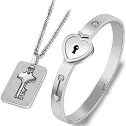 bling queen Couple Stainless Steel Heart Lock Bracelet And Key Pendant Necklace for Valentine's Day, Anniversary, and Wedding image 1