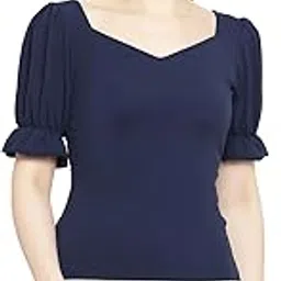 avanova Women's & Girl's Solid Ribbed Sweetheart Neck Puff Sleeves Tops for Women-picture-12