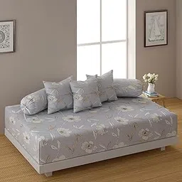 Swayam Diwan Set Cotton 6 Piece Diwan Printed Bedsheet Set for Living Room Hall (Set of 6 Piece, 1 Diwan Sheet | 2-Bolster Cover| 3 Cushion Covers) Soft Feel,Grey Floral-image-30
