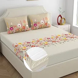 Home Ecstasy 100% Cotton King Fitted Bedsheet with 2 Pillow Covers - (Size 72 x 78 inches, 140 TC, Colour - Beige: Frost Petal)-picture-23