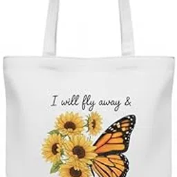 anxeon Merciya Inspirational Butterfly & Sunflower Tote Bag, Reusable Shopping Bag for Office, College & Daily Use Casual Work Shoulder Handbags | Multi-Purpose | Sturdy Canvas Bag with Large Capacity-White-picture-17