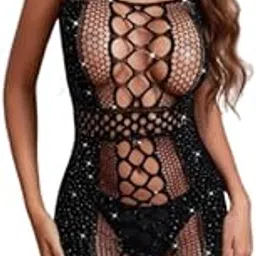 10styl Women's Sexy Mesh Babydoll Dress with Fishnet Tights & Shoulder Straps – Lingerie Set, Sleepwear, Mini Dress for Honeymoon & Nightwear Black-picture-21