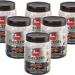 CELLO Checkers PET Canister Set of 6 (1200ml x 6), Grey | Food Grade | Durable & Shatterproof Body | Stackable | For Grains, Pulses, Spice, Cereals, Cookies, Dry Fruits | Fridge Storage Container-picture-13