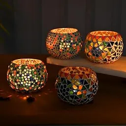 Pride Store Mosaic Tealight Candle Holder Set for Diwali Decor Christmas Navaratri Laxmi Poojan Decorative Mosaic Candle Holder Set (Pack of 4)-image-54