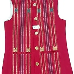 Handmade Handloom Traditional Sleeveless Button-Front Vest, Red with Gold Striped Pattern, Decorative Buttons-picture-21