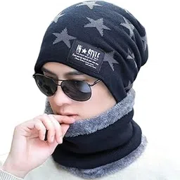 momisy Unisex Woolen Beanie Little Star Design Cap Plus Muffler Scarf Set for Men Women-picture-56