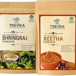 Trevika Bhringraj Reetha Powder Combo | Hair Growth & Hair Fall Control | Prevents Premature Graying | Scalp Health & Anti Dandruff | Natural Conditioning – 100g Each image 1