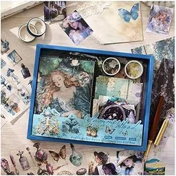 KRENZ Scrape Book Kit Scrapbooking Kit Vintage Journal Scrapbook Pack DIY Paper Stickers, Craft Kits Notebook, Collage Album Aesthetic Sticker Journaling Scrapbook Photo Album (Dark Blue Baby)-picture-17