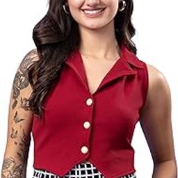 popwings Casual Solid V-Neck Sleeveless Button Closure Waistcoat Regular Fit Crop Top for Women - Stylish Western Summer Wear-picture-18