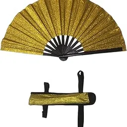 MERISHOPP Foldable Hand Fan with Storage Bag and Strap for Club Music Festival Dancing Gold-image-33