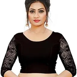 Women's 3/4 Sleeve Stretchable Cotton Blouse - Round Neck, Readymade, Ready to Wear - Latest Fashionable Ethnic Saree Dress Blouse-image-74