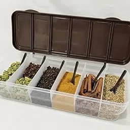 6-Compartment Kitchen Storage Container with Brown Lid, Clear Plastic Organizer Box for Spices and Dry Fruits, Multipurpose Food Storage Box with spoons-image-43