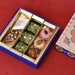 Meethi Kahani (6 Pista barfi) | (2 rose peda) | (2 chocolate peda) | (2 badam peda),(5 date barfi) |(6 kaju katli) Indian Sweets | Festive Box Pack of 6 of different sweets, 360gm-image-2