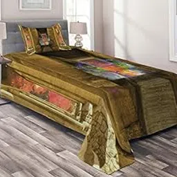 Ambesonne Egypt Coverlet, Unusual Mystical Inside Rocky Walls and Stairs Culture Art Image, 2 Piece Decorative Quilted Bedspread Set with 1 Pillow Sham, Twin Size, Tan Peach-picture-12