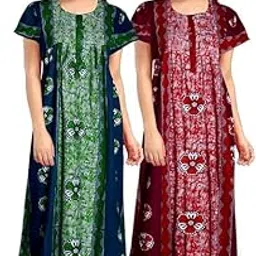 Tout ENESMLE Nighty for Women Cotton Printed Maxi Gown Ankle Length Nighty Night Dress Gown for Women Maxi - Free Size (Pack of 2)-image-0