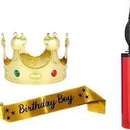 Decofy Birthday Boy Golden Sash & King Crown With Ballooon Pump,Crown For Boys,Mens -Balloon Pump - Any Random Color-picture-14