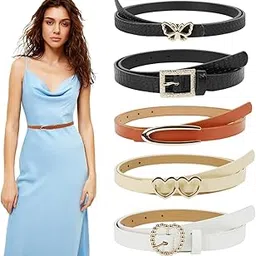 Brown Belt for Women Jeans, 5pcs Black Belt for Women Dresses, Fashion Slim Ladies Belts Combo, Versatile PU Leather White Belts, Metal Decorative Buckle-image-59