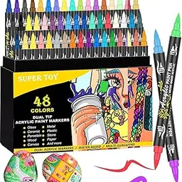 SUPER TOY 96 Colors Acrylic Paint Markers, Dual Brush Tip Pens for Wood, Calligraphy, Canvas, Ceramic, Metal, Glass, Rock Painting, DIY Crafts Supplies Mandala Art Drawing (48 Pens= 96 Colors) image 1