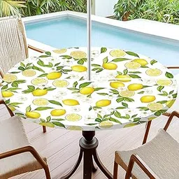 Round Fitted Tablecloth with Umbrella Hole and Zipper Tabletop Collection Waterproof Lemon Table Cover Cloth 45 Inch Decorative Round Table Covers for Party, Picnic, Patio, Garden Backyard-picture-11