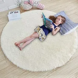 siya ram furnishing Microfibre Plush Fluffy Circle Rug for Kids Room, Nursery Room, Dorm (Ivory, 4" x 4")-picture-19