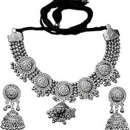 the style courtyard Antique Afghan Oxidized polished Ethnic Necklace and Earrings Jewelry Set with Ghungroo Bells for women and girls-picture-36