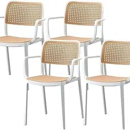 Dream Furnishing - Set of 4 Chairs for Dinning Room Rattan Dinning Chair Modern Stackable Desk, Home & Outdoor Fits at All Places (Set of 4 Chairs) (Black) (White with Arms) image 1